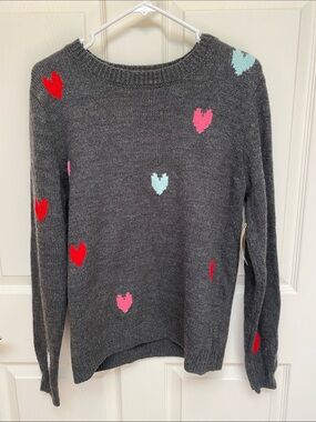 St. John's Bay Charcoal Crewneck Sweater with Red, Pink & Light Blue Hearts